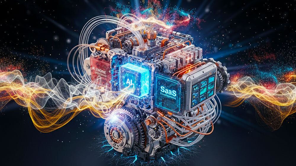 AIエンジンとSaaS開発、システムインテグレーションを融合してアイデアを「動く仕組み」にする技術力を象徴した画像