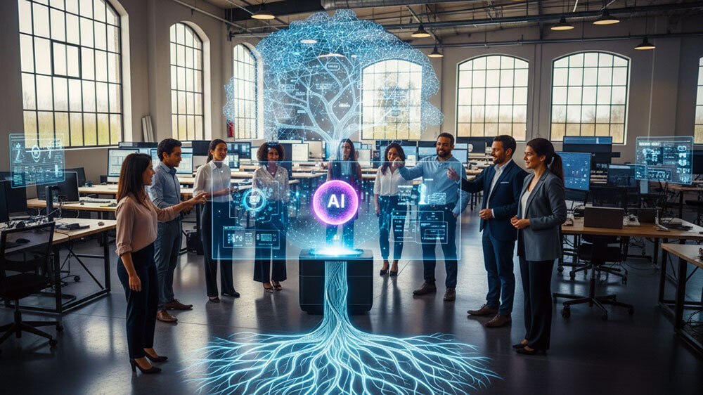 多様な専門家チームがAIを介して協業し、複雑な事業課題を現場で解決・推進していく様子のイメージ