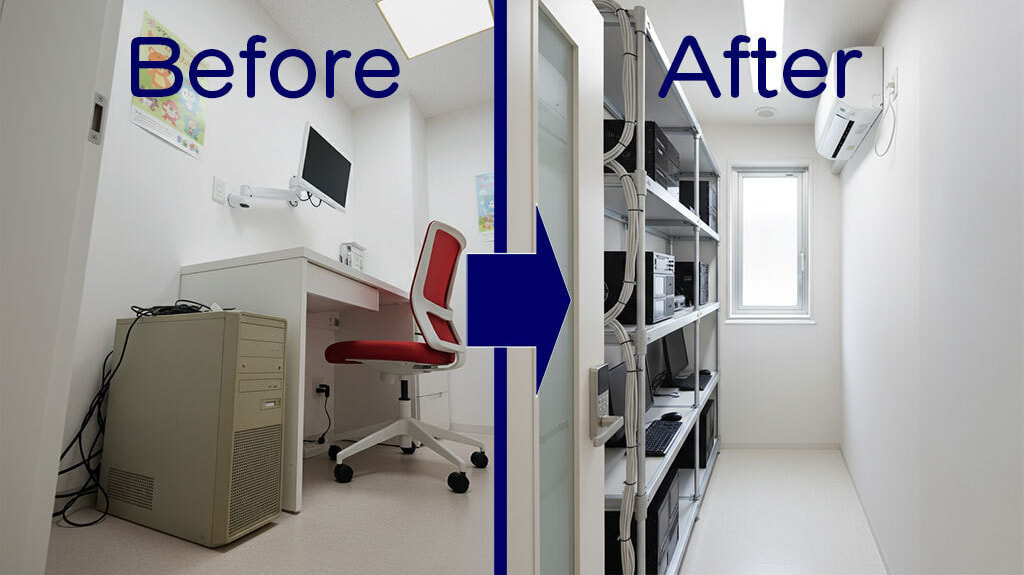 電子カルテ用PCサーバーの設置のbeforeとafterを説明するイメージ