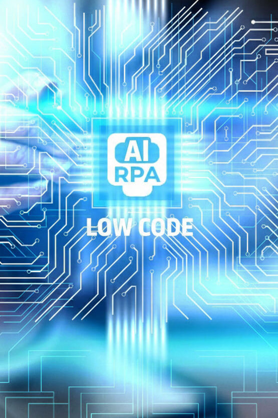 AI・RPA・ローコードを組み合わせた、ビジネスプロセスの象徴するCPUと回路のイメージ