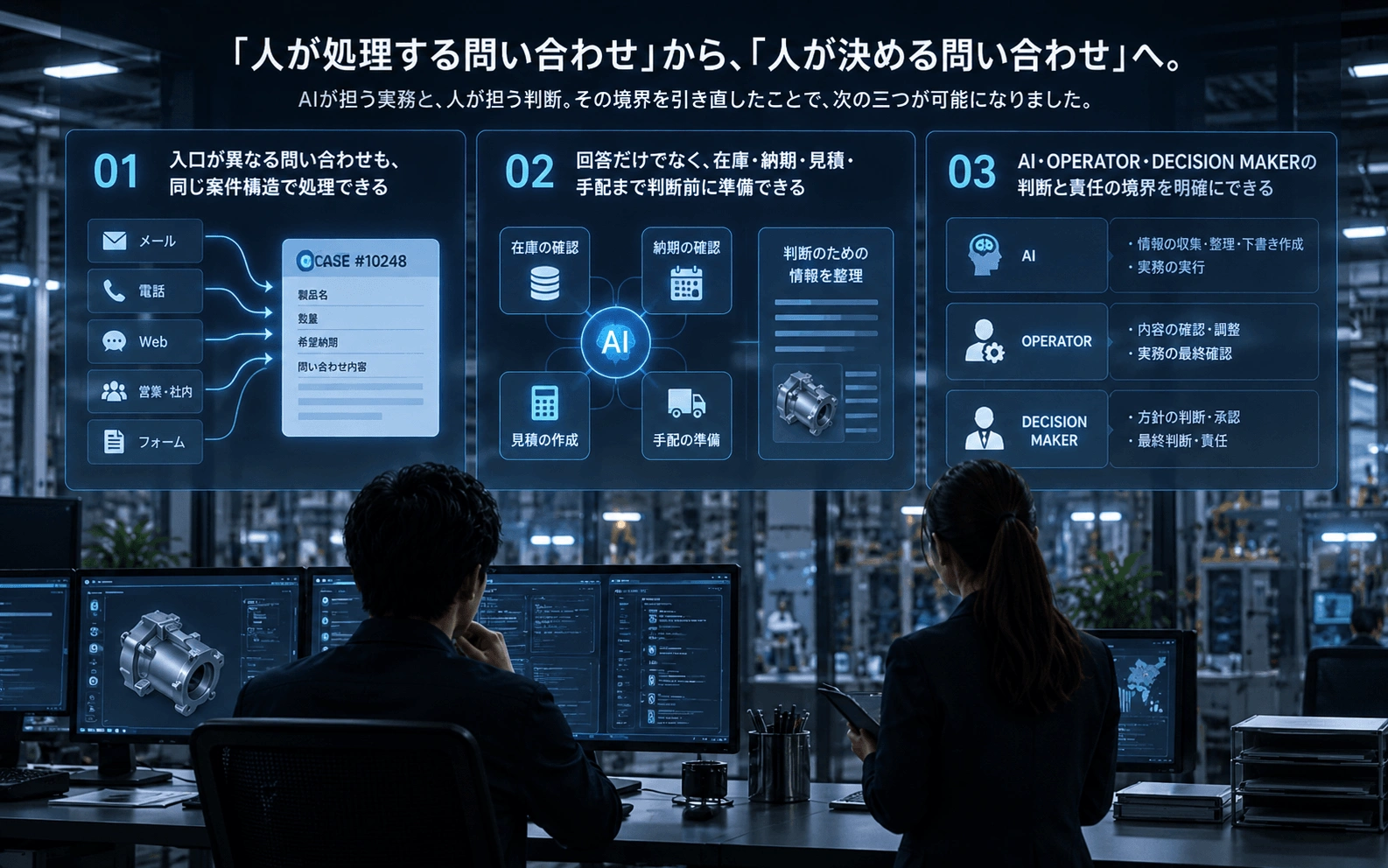 AIが実務を準備し人が判断する問い合わせ業務のイメージ