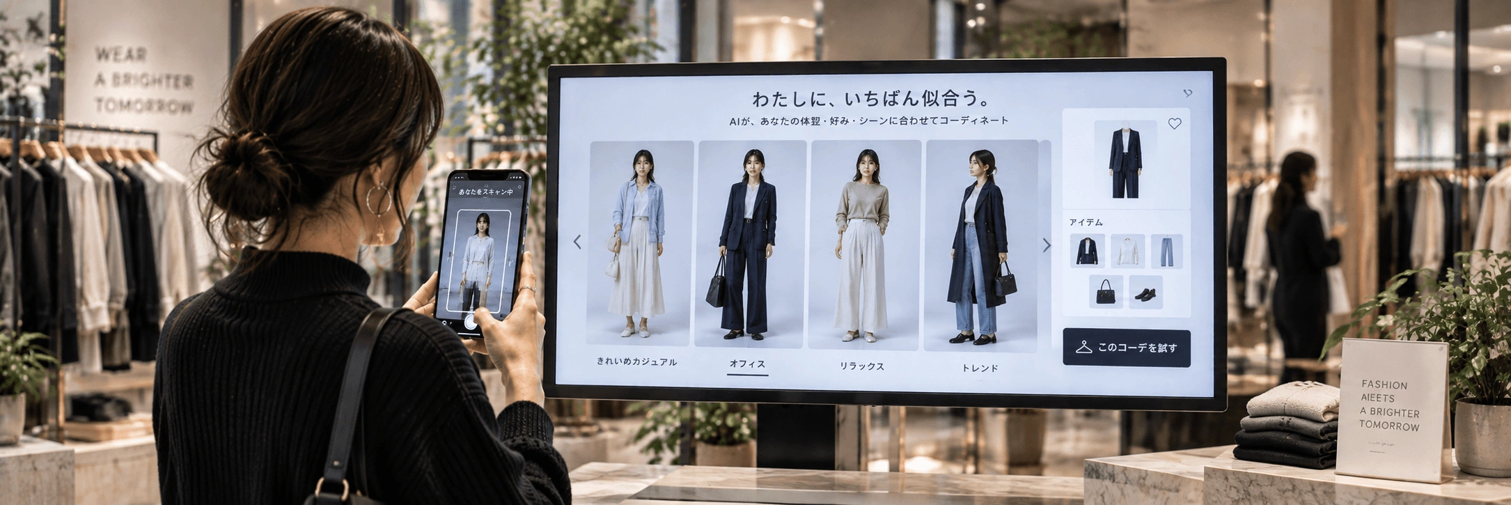 自分の姿をもとにコーディネートを比較し、実際の試着へつなげるバーチャル体験