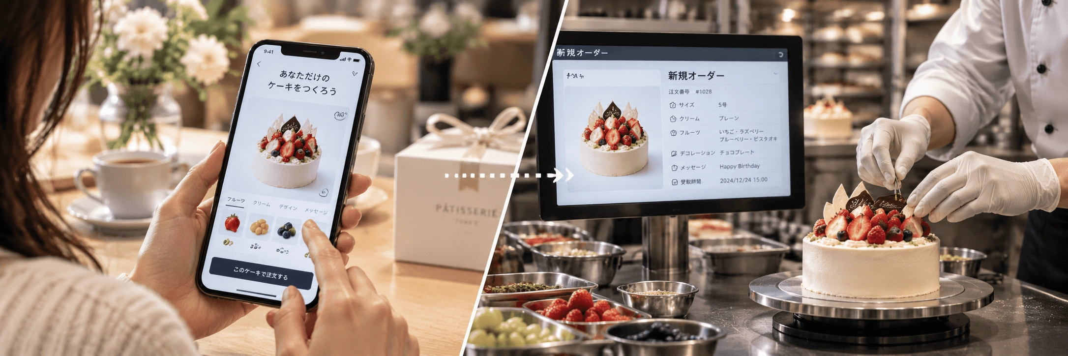スマホでアレンジしたケーキ仕様が厨房へ連携され、実物として仕上げられる体験